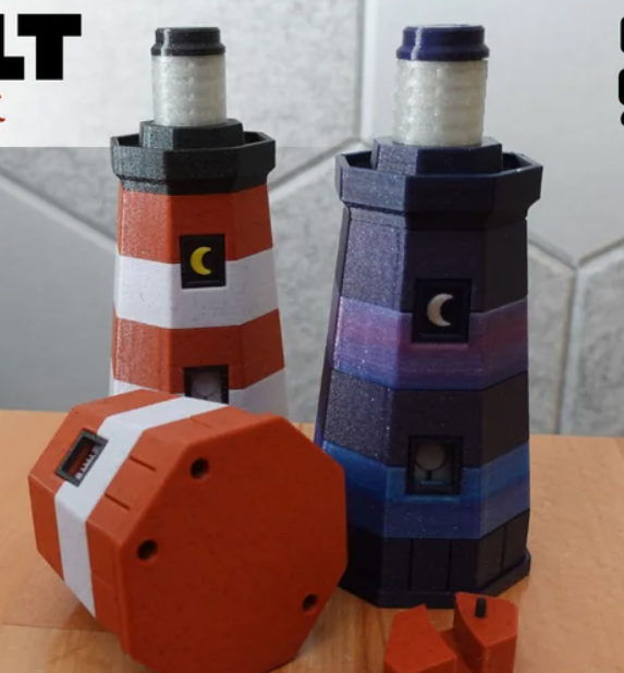 Nautical-themed 3D printed Lunar Lighthouse Puzzle Box featuring intricate sliding and magnetic mechanics