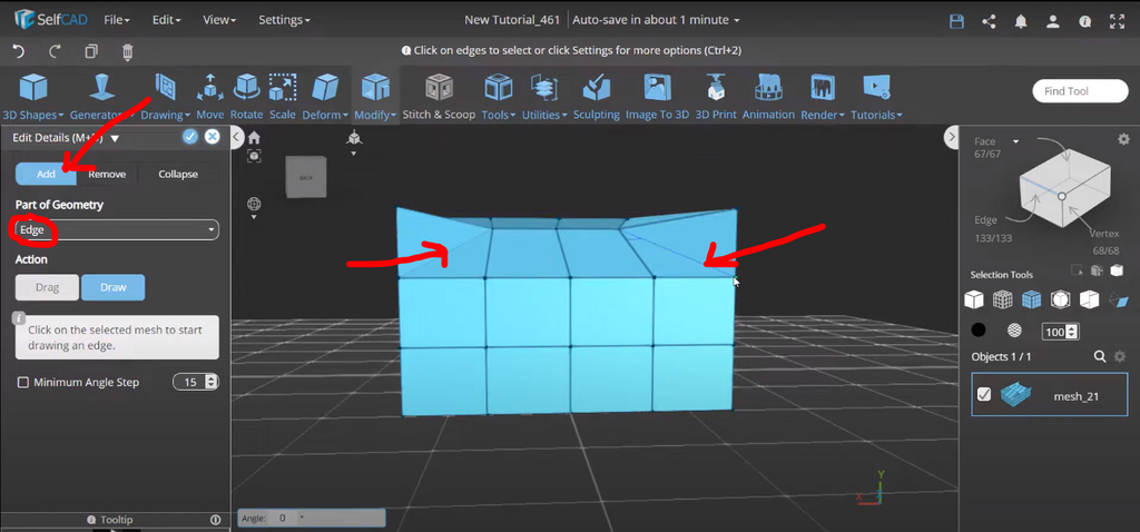 Modifying a cube in SelfCAD to generate quads
