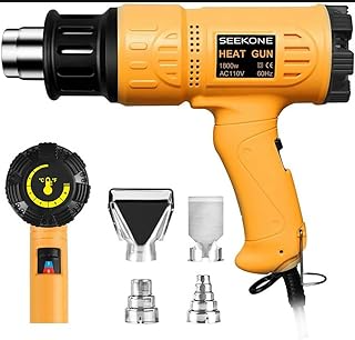 An orange Seekone heat gun pictured with an adjustable temperature dial and various metal nozzle attachments.