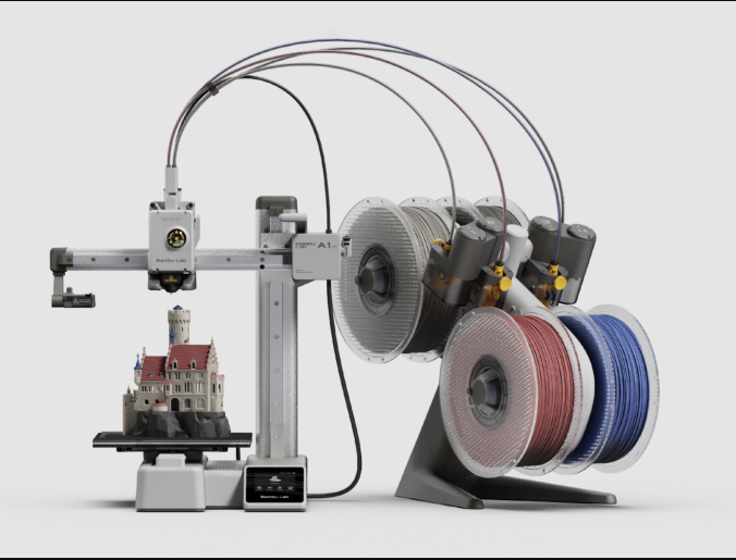 The Bambu Lab AMS Lite open-air filament feeding system, designed specifically for the A1 and Mini series 3D printers.