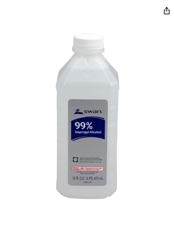 A plastic bottle of Swan 99% Isopropyl Alcohol used for cleaning 3D printers.