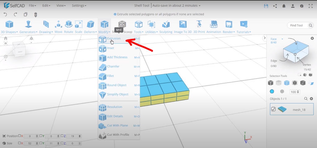 Extruding parts of a 3D model in SelfCAD