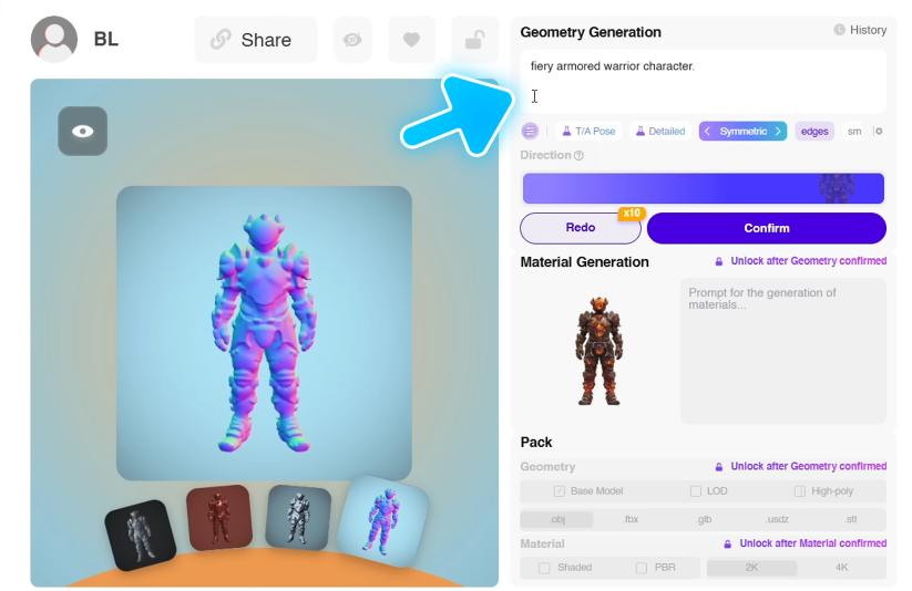 Entering a descriptive text prompt to generate a custom 3D character in the Rodin AI application