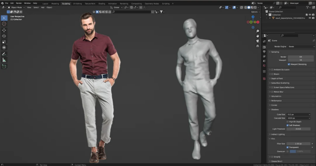 Blender 3D software interface demonstrating manual character sculpting alongside a 2D reference photograph