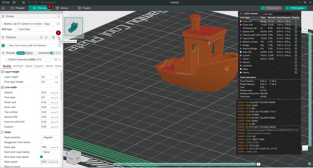 The sleek and contemporary OrcaSlicer software interface displaying a 3D Benchy boat model alongside its advanced print settings.