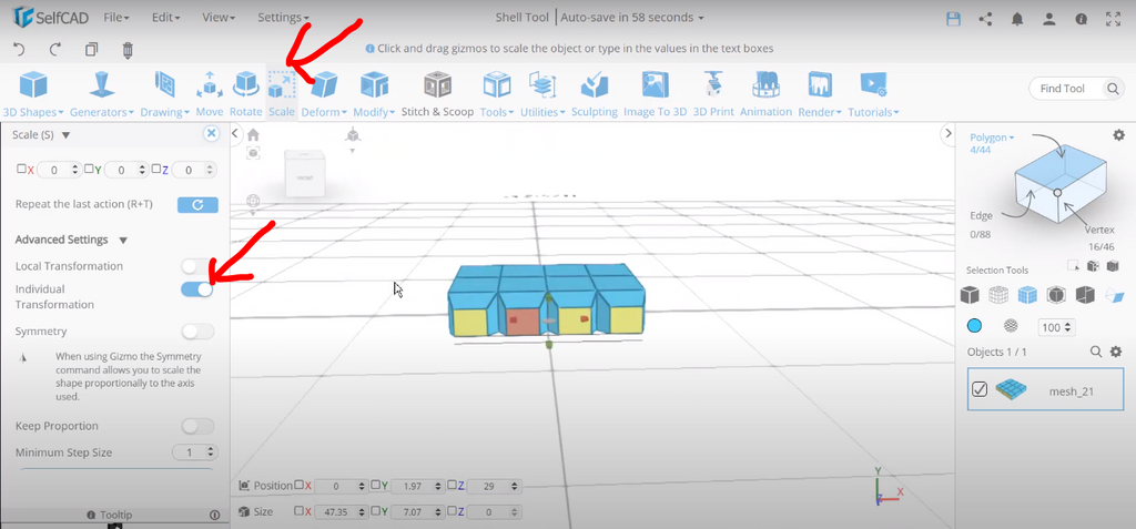 Individual transformation of 3D objects in SelfCAD