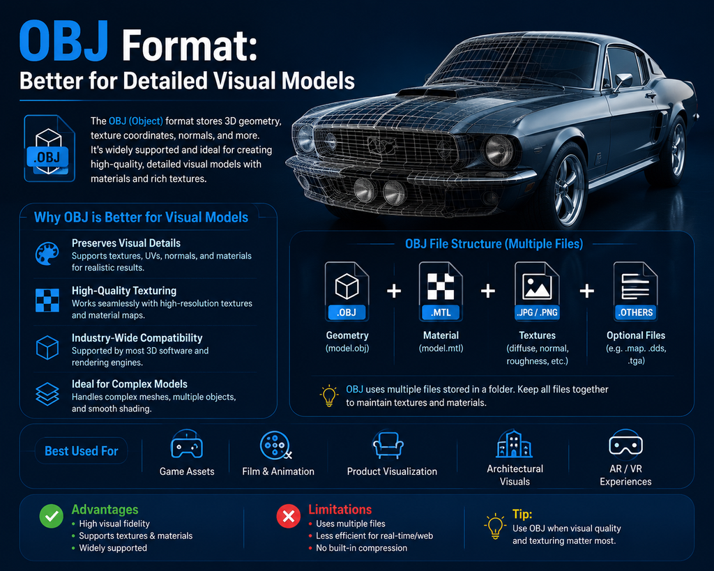 An infographic detailing the OBJ file format, showing its file structure (OBJ, MTL, JPG/PNG) and its advantages for detailed visual models and textures.