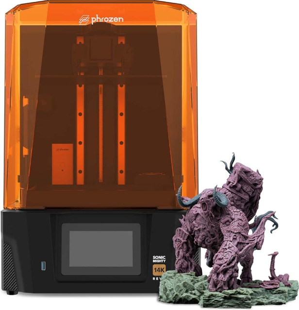 Phrozen Sonic Mighty Revo 14K resin 3D printer next to a detailed fantasy monster miniature
