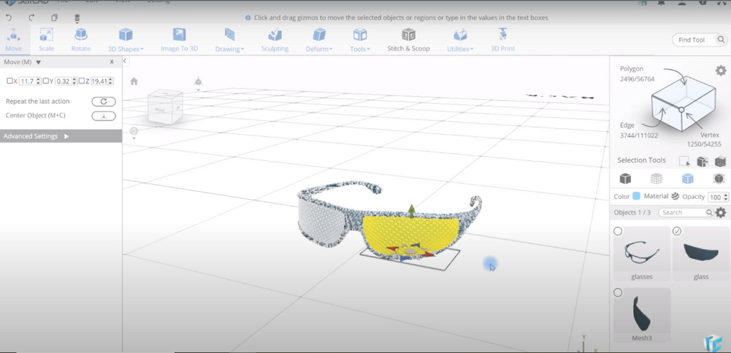 The SelfCAD software interface displaying a pair of 3D-modeled glasses being edited.  