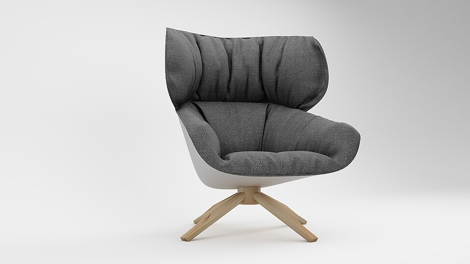 Modern 3D rendered grey upholstered armchair with wooden swivel legs
