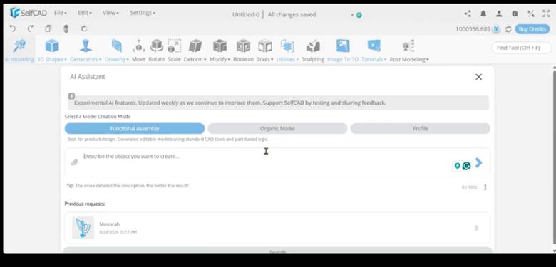 SelfCAD AI Assistant interface showing Functional Assembly, Organic Model, and Profile creation modes
