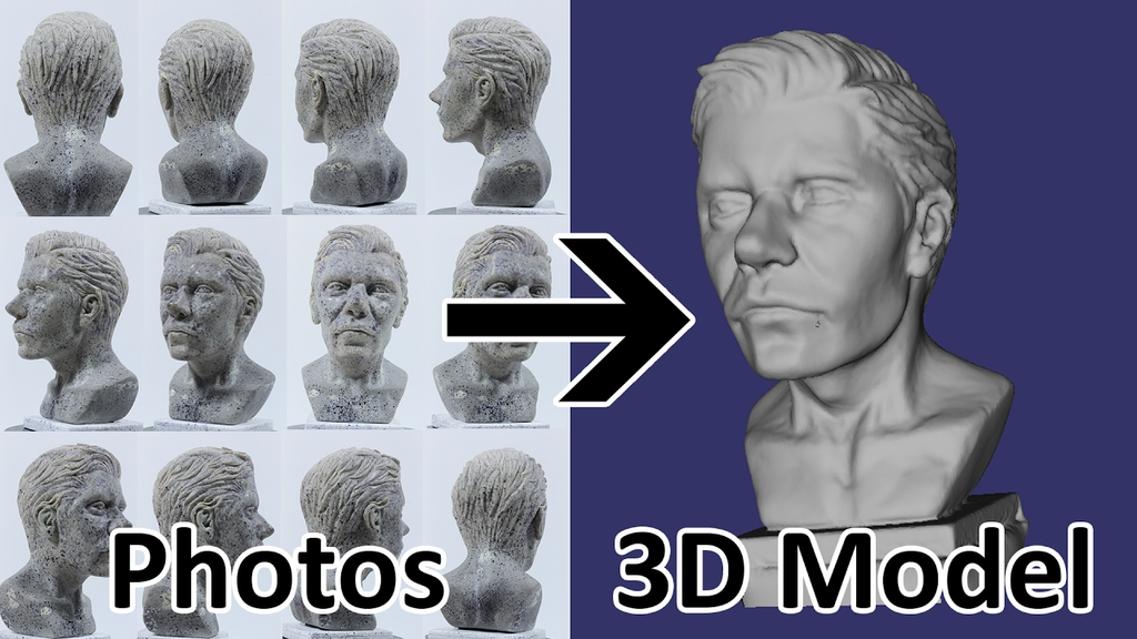 A graphic showing a grid of 2D reference photos of a human head pointing to a fully rendered 3D model bust, illustrating the 2D-to-3D conversion process