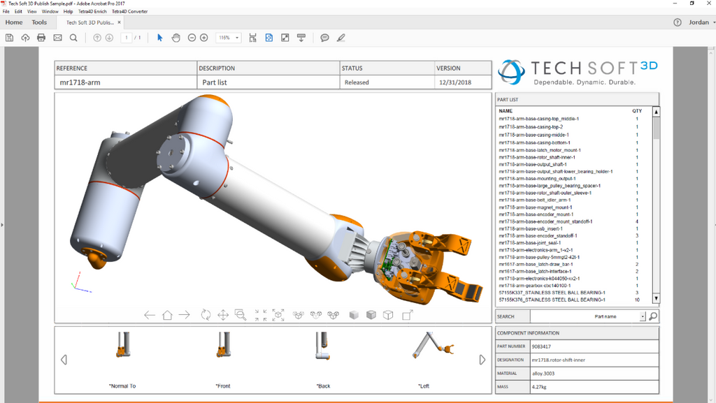 Tech Soft 3D HOOPS Publish developer interface rendering a 3D robotic arm with an embedded assembly tree.