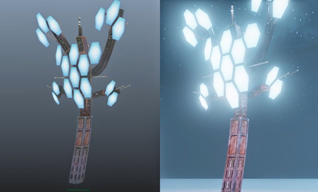 Before and after comparison of a 3D sci-fi lamp model demonstrating the glowing light effect created by emissive texture maps