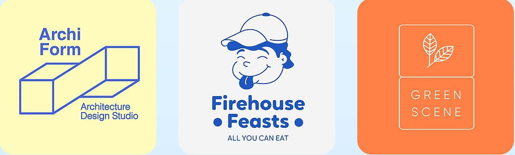 Three colorful, distinct AI-generated logos created with the Wix Logo Maker, representing different business styles like architecture and food services