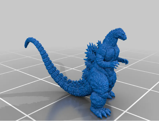 A highly detailed blue 3D render of a classic Godzilla model with a long textured tail, positioned on a digital grid background.