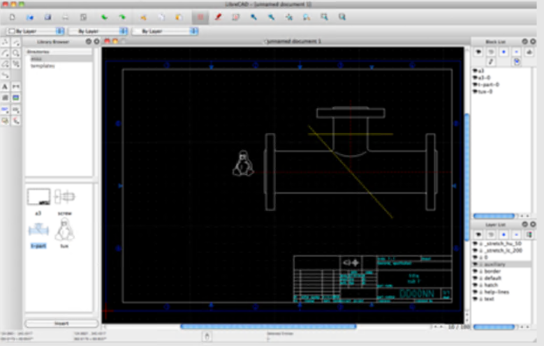 The open-source LibreCAD interface displaying a simple 2D drawing of a pipe valve assembly on a black background.