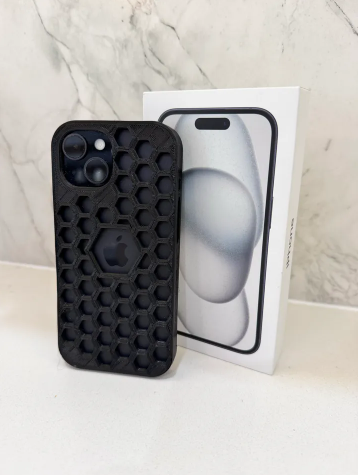 Black iPhone 15 phone case with a customizable honeycomb texture printed in PLA filament.