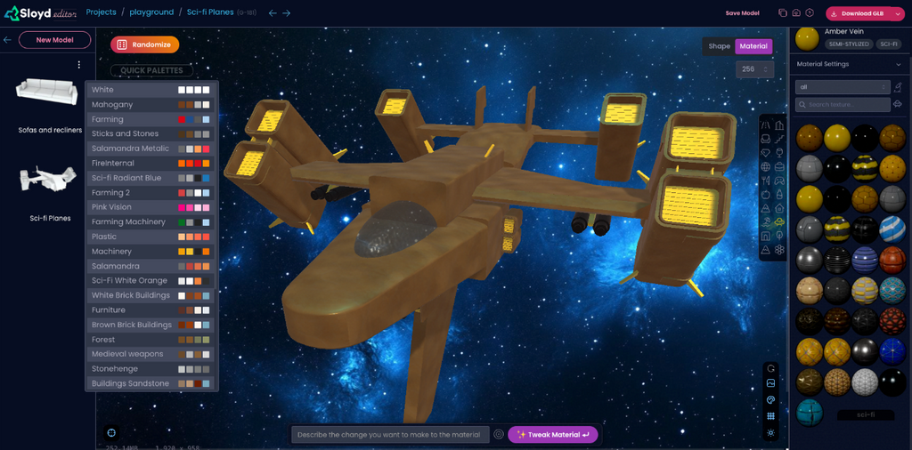 Customizing a 3D prop using Sloyd's browser-based parametric modeling templates and AI automation