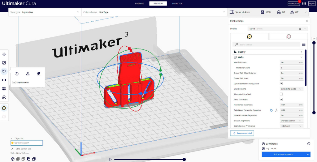 Ultimaker Cura slicing software interface displaying a 3D model and print settings