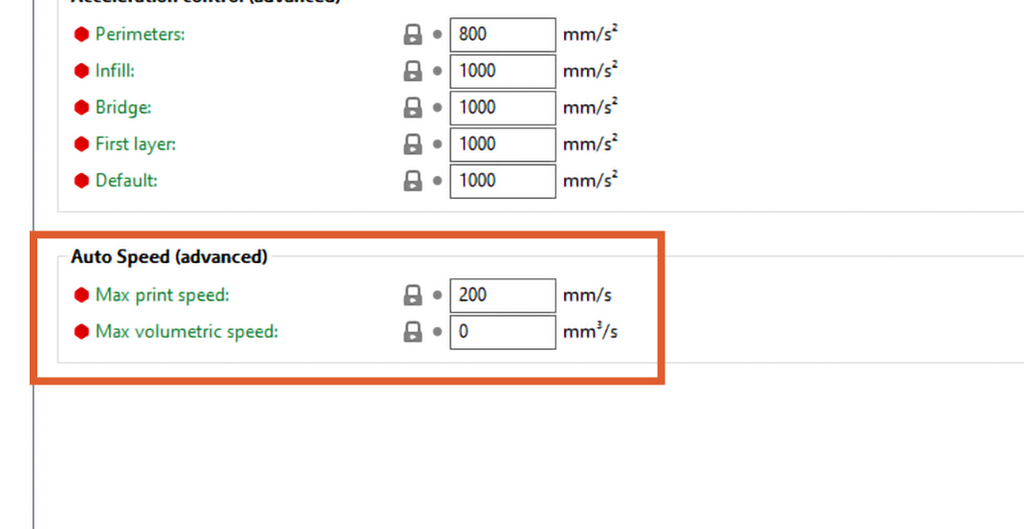 A screenshot of the advanced Auto Speed settings menu within PrusaSlicer.