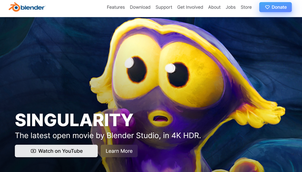 Blender homepage featuring the 4K HDR open movie Singularity.  