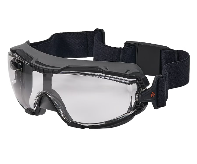 Clear protective safety goggles with a black frame and an adjustable elastic strap.  