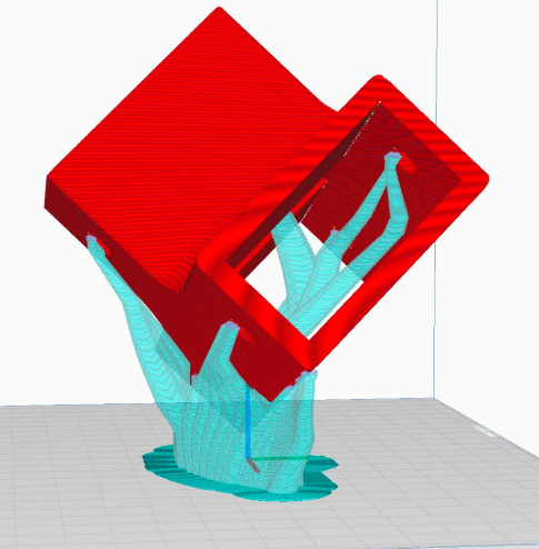 Slicer software preview showing a red hollow cube printed at a steep 60-degree angle using light blue tree supports