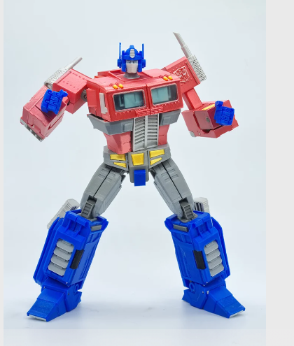 A fully assembled and brightly colored 3D printed MP10 Masterpiece Optimus Prime figure posing