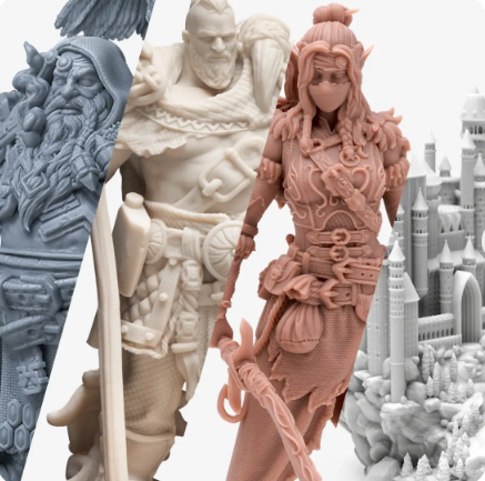A collage showcasing intricate 3D-printed fantasy characters and a castle made with Phrozen Aqua Water Washable Resin.