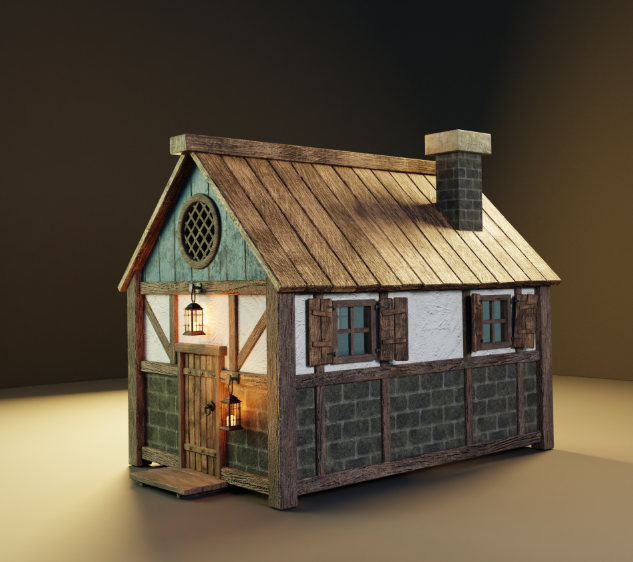 A 3D rendered medieval timber-framed house with a stone base, chimney, and illuminated lanterns.