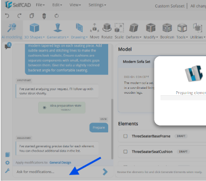 SelfCAD popup window showing the Preparing Elements loading status