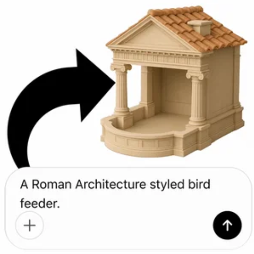 A 3D-generated Roman architecture bird feeder accompanied by its corresponding text prompt.  