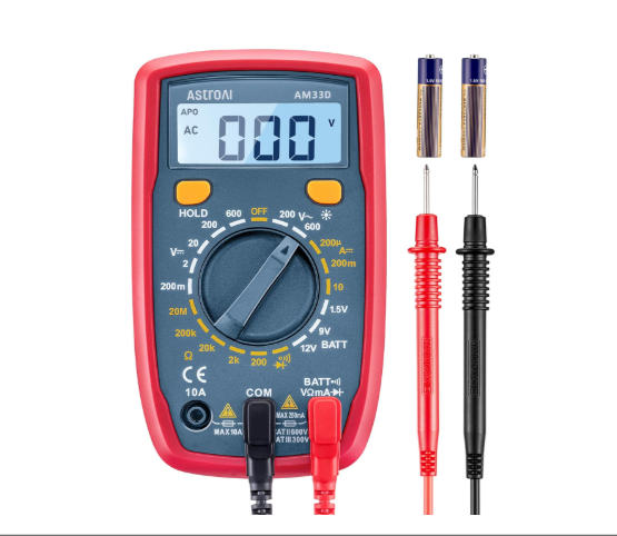 A red AstroAI digital multimeter displayed with its red and black testing probes and batteries.  