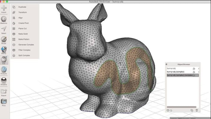 Autodesk Meshmixer software being used to edit the triangle mesh of a 3D rabbit model.  