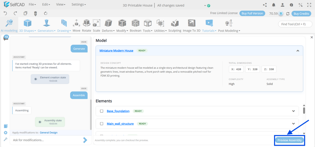 SelfCAD AI Assistant interface highlighting the Assemble Model button