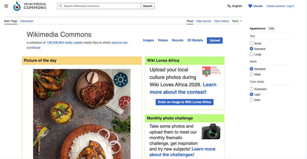 Wikimedia Commons search page featuring free-use historical and everyday reference material