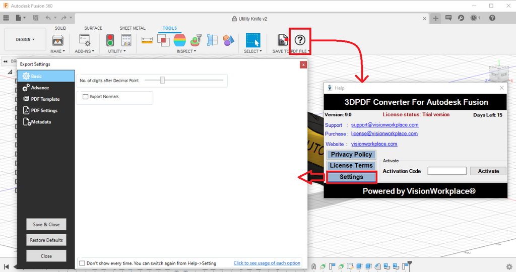 Built-in 3D PDF export settings and converter menu within the standard Autodesk Inventor workspace.