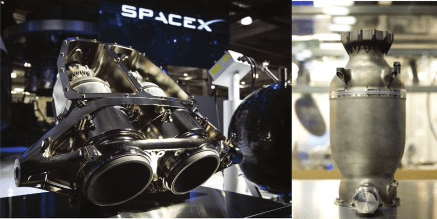A side-by-side comparison showing the complex integrated assembly of a SpaceX SuperDraco engine and a close-up of its 3D-printed Inconel combustion chamber.