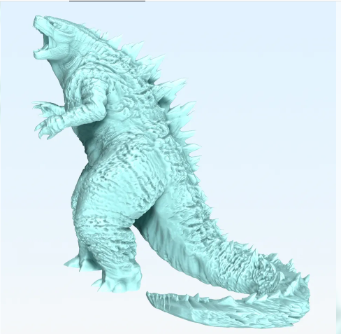 ​​​​A complex, light cyan 3D printed Godzilla model roaring, highlighting its intricate reptilian scales and dorsal spikes.