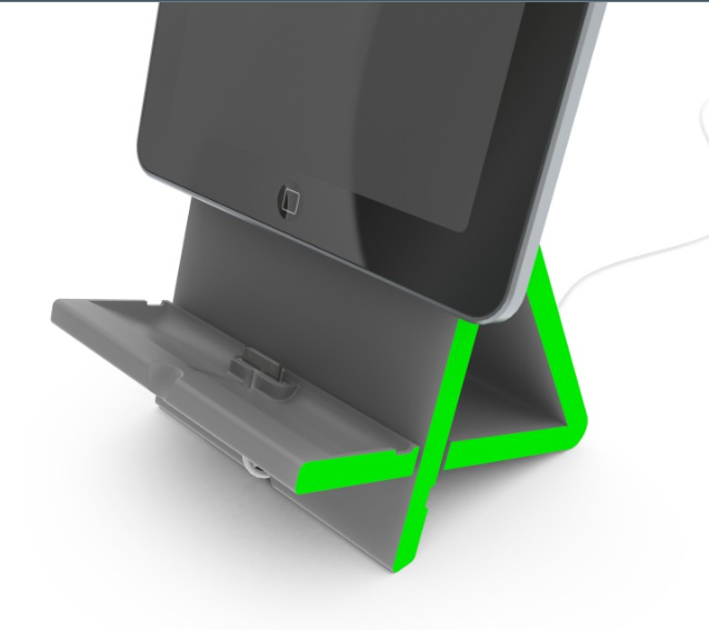 A gray and vibrant green 3D-printed dock with a sturdy triangular frame and a built-in slot for a charging cable.