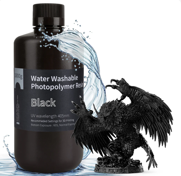 A bottle of Elegoo Water Washable Photopolymer Resin in black next to a 3D-printed winged owl-like creature.