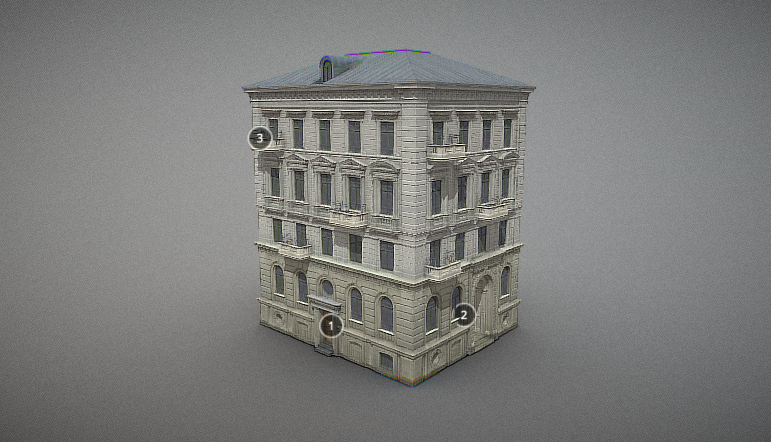 A highly detailed 3D architectural model of a classic, multi-story building.