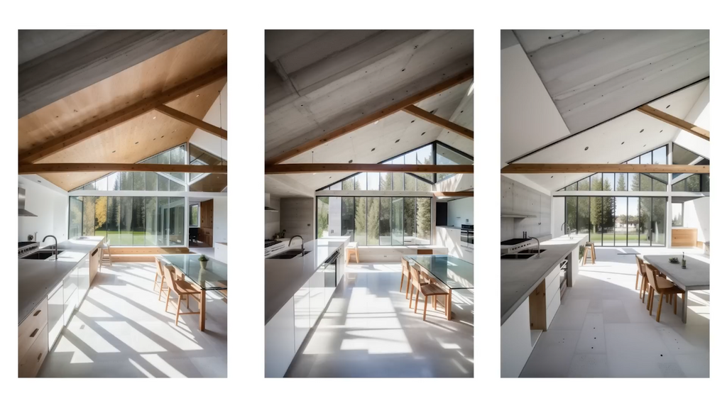 Three different variations of a beautiful, modern interior 3D render generated successfully from a single sketch