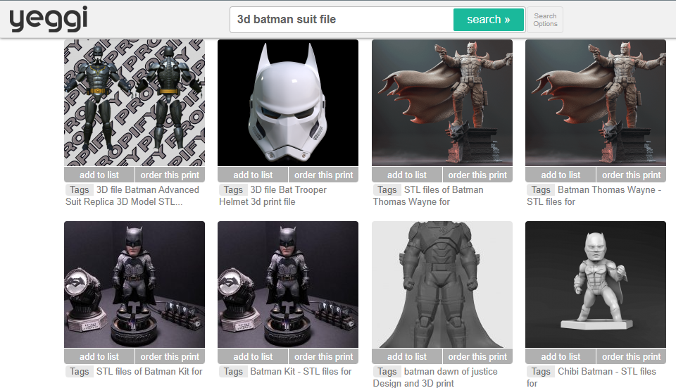 A screenshot of the Yeggi search engine results page displaying various 3D printable Batman suit and armor STL files