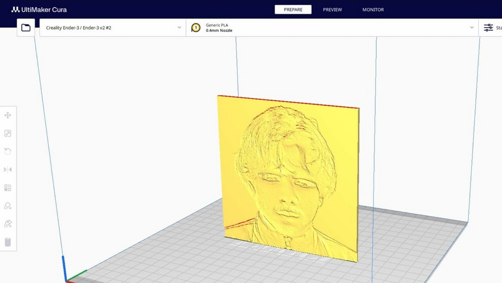 The Cura slicer software interface displaying a yellow 3D-generated lithophane model of a face to demonstrate how slicers process images.