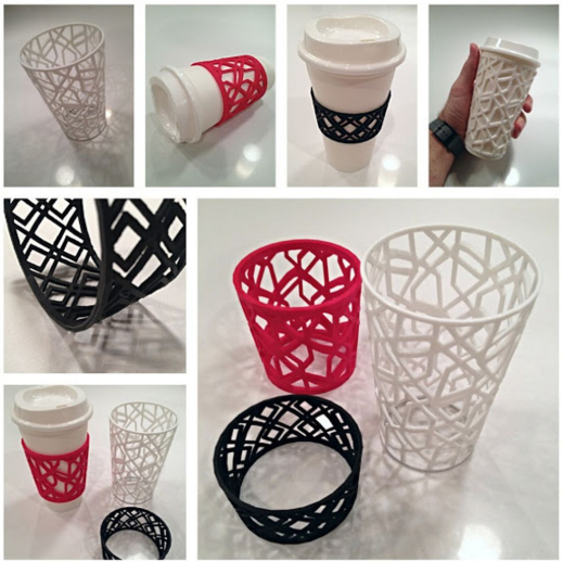 3D printed geometric lattice coffee cup sleeves in red, white, and black