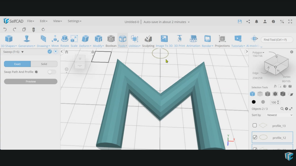 A 3D letter M model in SelfCAD demonstrating the Exact mode with precise, sharp edges.