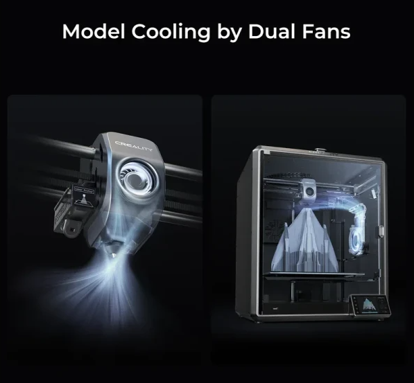 The Creality K1 Max's AI camera for failure detection alongside its dual-fan model cooling system.