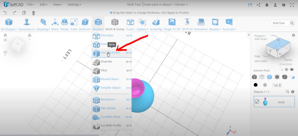 Add thickness option in SelfCAD